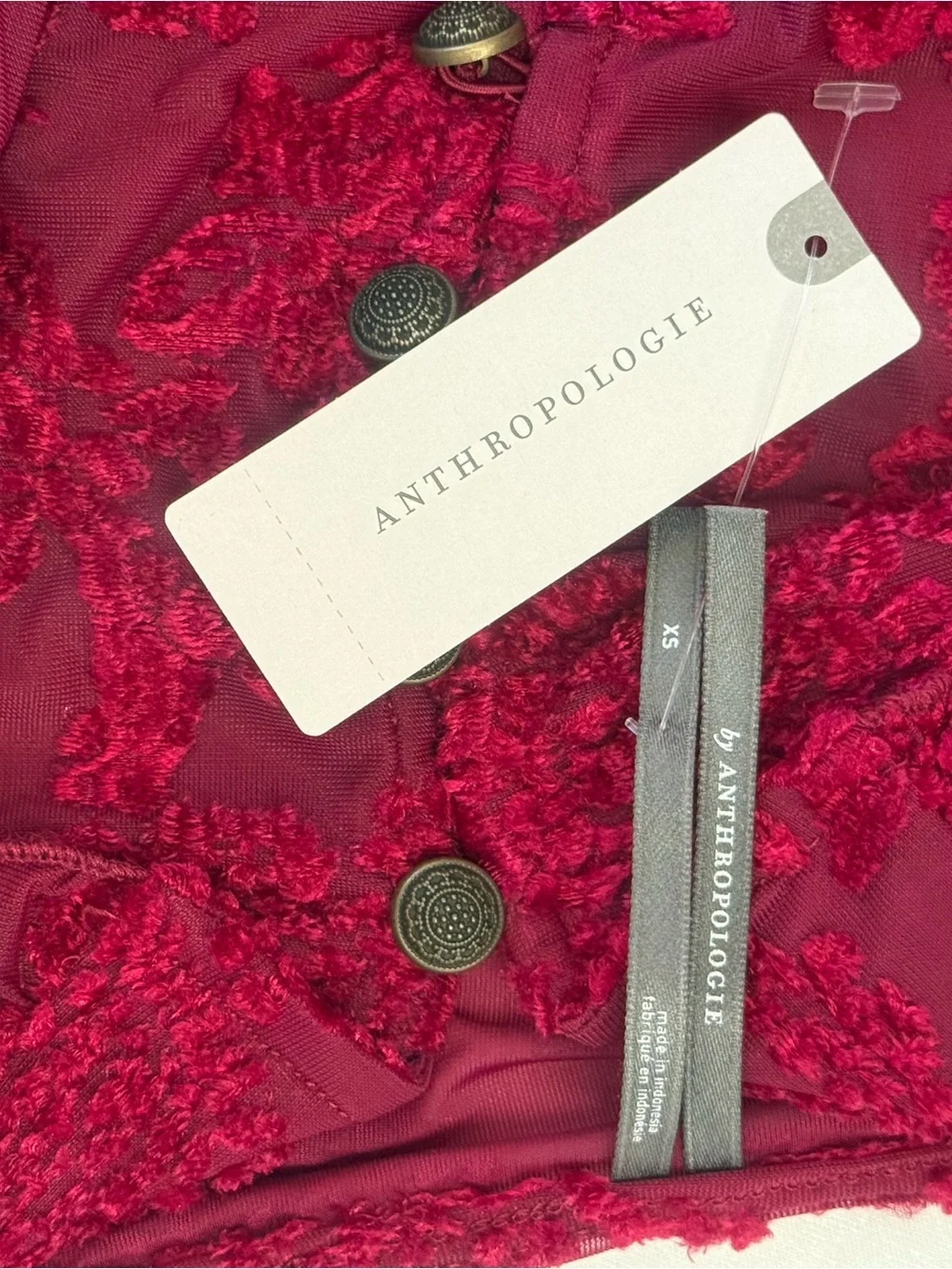 Anthropologie Velvet Burnout Raspberry Red Lace Peasant Puff-Sleeve Blouse XS